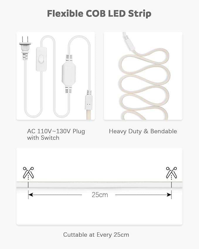 ALITOVE COB LED Strip Light Waterproof IP67 Warm White 3000K 16.4ft AC 110V 120V LED Neon Rope Lights Bright 1440LEDs Flexible LED Strip for Indoor Outdoor Cabinet Shower Bedroom(No Remote Dimmer)