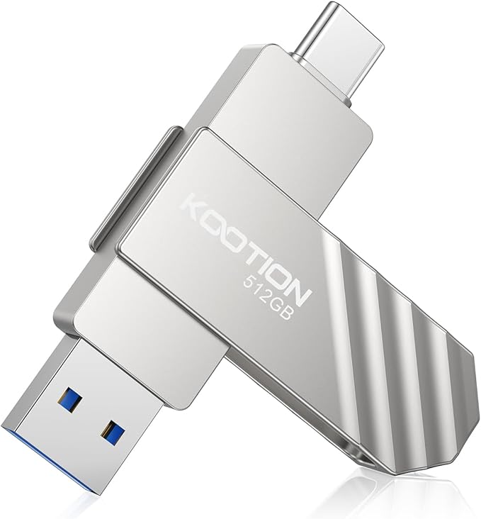 KOOTION USB 3.2 Flash Drive 512GB, Up to 450 MB/S Read Speed USB C Memory Stick, Dual USB C Thumb Drive with USB Type-C and USB A, Swivel Metal Pen Drive for Smartphones/Tablet/Laptop/Mac/Car/TV