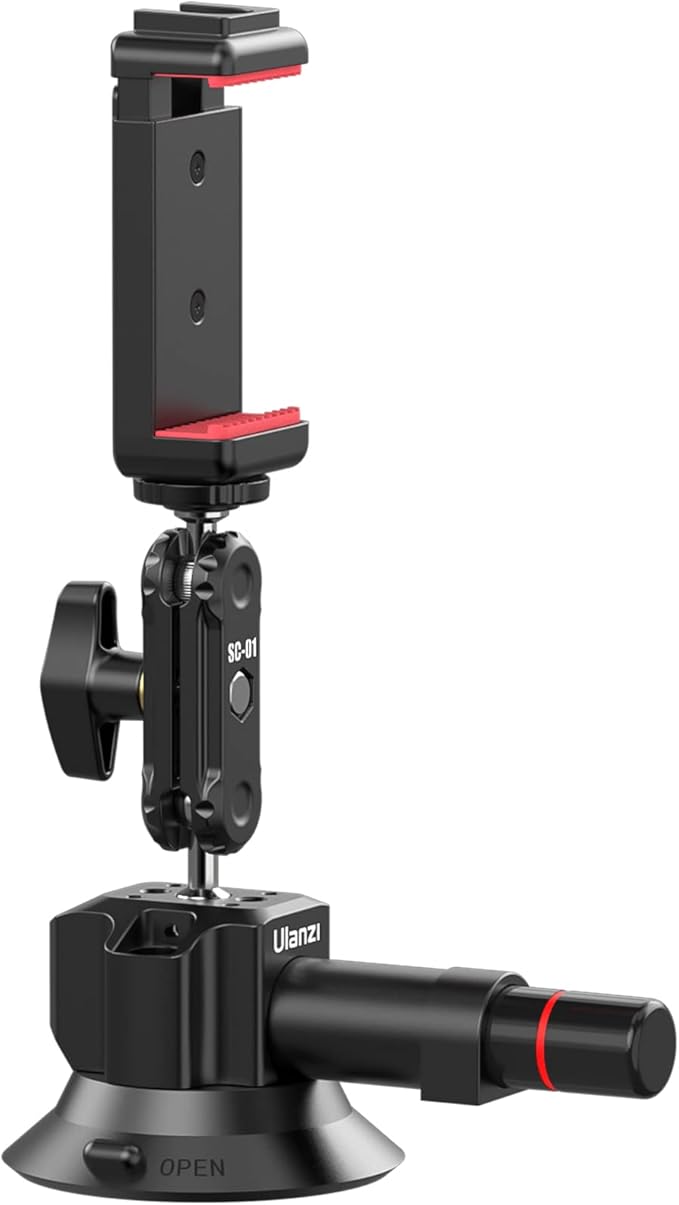 UURig SC-01 Suction Mount 3" for Vlogging Action Camera Car w Smartphone Clamp Compatible with DJI OSMO Pocket 3/Pocket 4/OSMO 360/Insta 360 x5/Xtra/iPhone 17 16 15 14,1/4" Magic Arm Windshield Window
