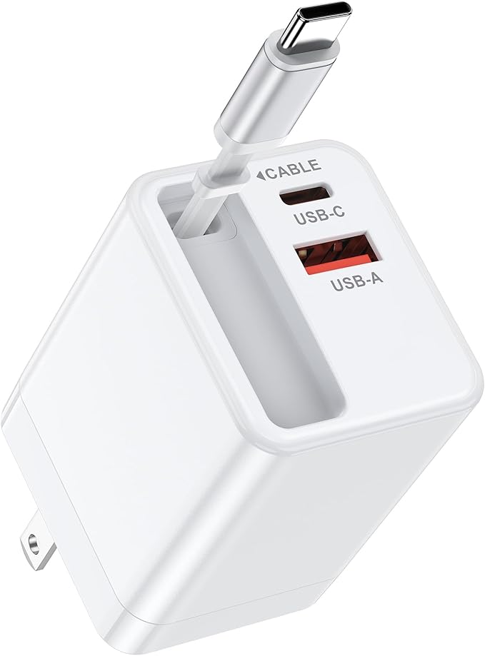 35w Retractable iPhone Wall Charger USB C, 3-in-1 Fast Charging Block with Built-in Retractable Cable, USB-C & USB-A Multi Ports, Foldable Plug Travel Ac Power Adapter for Apple 17e 17 Pro 16e 16 15