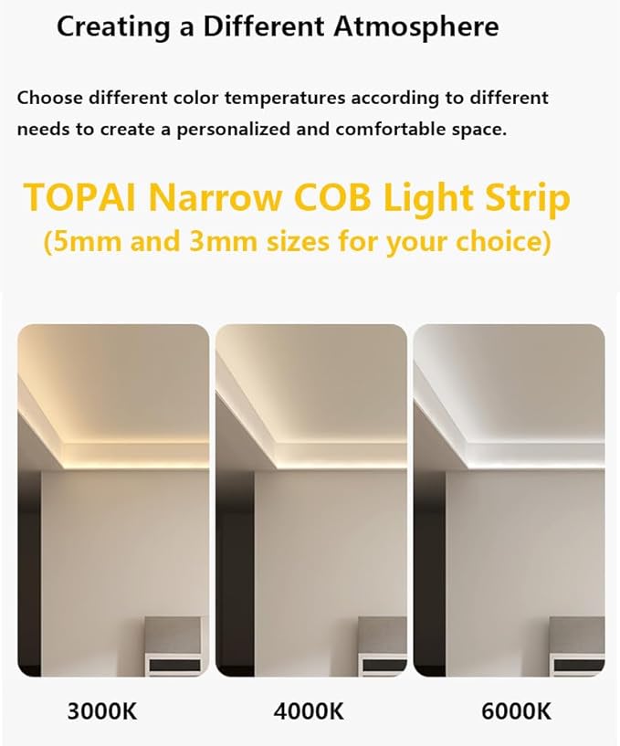 TOPAI 12V Thin 3mm COB LED Strip 4000K Natural White 16.4ft Bright CRI>90 Uniform Dotless 400LEDs/M Adhesive Flexible Cuttable LED Tape Light for DIY, Bedroom, Under Cabinet Lighting