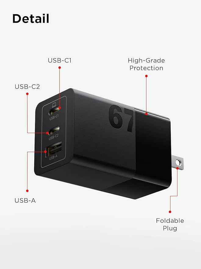 Lenovo 67W USB-C Charger, 3-Port Multi-Device Fast Charging, Advanced GaN Charger Block, Compact Fast Wall Charger, for MacBook Pro/Air, Dell XPS, iPhone 16 Series, Samsung Galaxy, and More