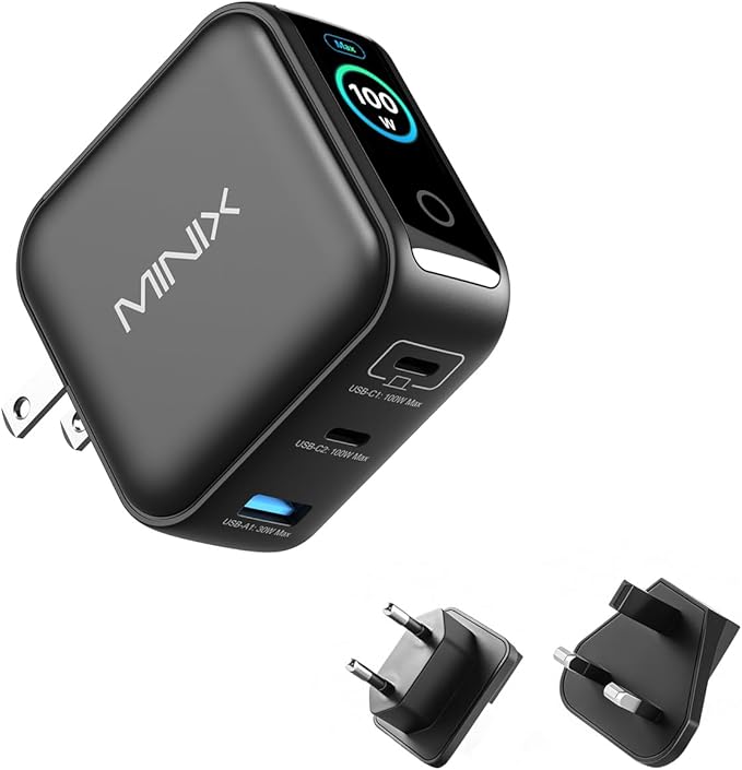 MINIX 100W USB C Charger, 3 Port GaN Charger with Smart Display and Touch Control, Powerful 100W Fast Charging for MacBook pro, iPhone 17/16 Series, Galaxy, Pixel, Laptop, and More. (NEO P3 Pro)