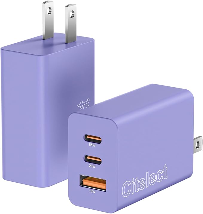 2Pack 65W USB C Charger Block, 3Port Fast Charging Adapter,Type C Fast Charging Blocks Cube PD USBC Wall Plug+QC3.0 USB A Charger Brick for MacBook Pro/Air,iPad,iPhone17/16,Samsung S26/S25&More-Purple