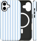 Magnetic for iPhone 16 Plus Case Cute Stripes Phone Case, Shockproof Slim TPU and Hard PC Protective Phone Cover Compatible with MagSafe Designed for Women Girls, Blue and White