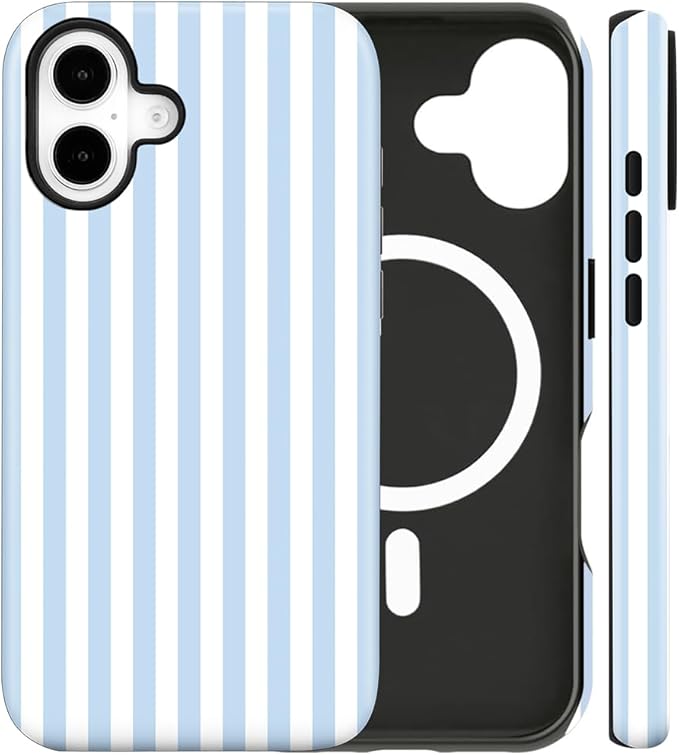 Magnetic for iPhone 16 Plus Case Cute Stripes Phone Case, Shockproof Slim TPU and Hard PC Protective Phone Cover Compatible with MagSafe Designed for Women Girls, Blue and White
