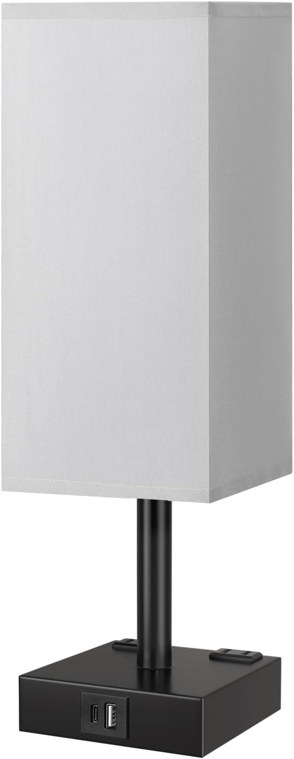 Touch Bedside Table Lamp For Nightstand - 3-Way Dimmable Night Lamp with USB A + Type C Charging Ports and two AC Outlets, Small Desk Light with E26 LED Bulb for Bedroom Living Room Office, Grey Black