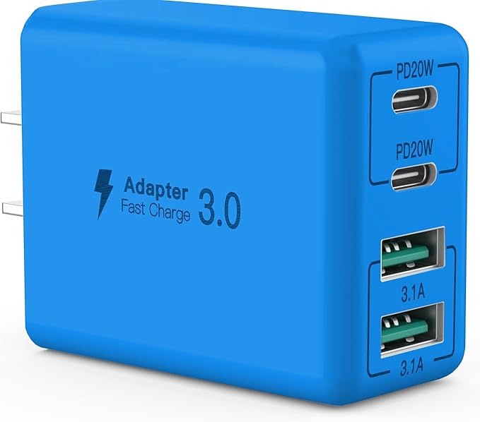 sccvee USB C Wall Charger, 40W 4-Port USB C Charger Block, Fast Charging Block Dual Port PD+QC Wall Plug Multiport Type C Compatible with iPhone 14/13/12/11/Pro Max/XS/XR/8/7, Tablet(Blue)