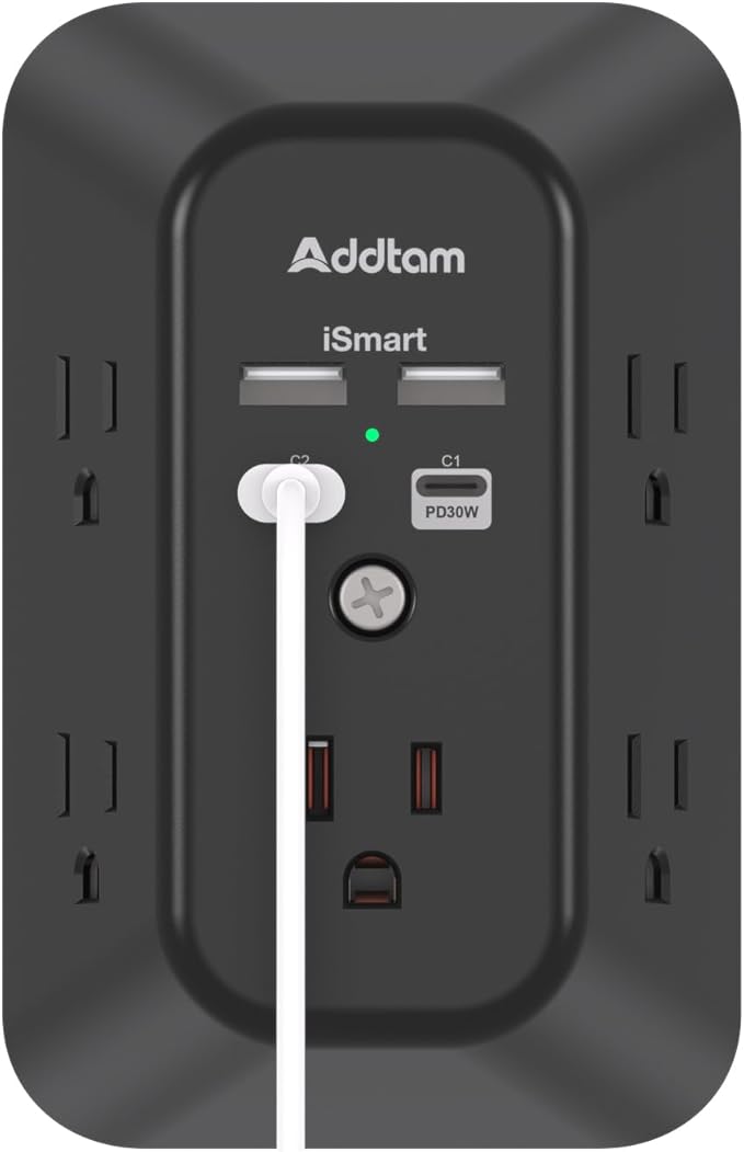 Addtam 5-Outlet Extender Surge Protector, Multi Plug Wall Outlet with 4 USB Wall Charger(PD 30W), Plug Extension Outlet 1800J, Outlet Splitter Power Strip for Home Office Dorm Room Essentials, Black