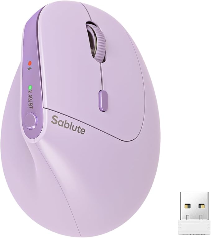 SABLUTE MAM3 Ergonomic Mouse, Rechargeable Wireless Vertical Mouse with 4 Adjustable DPI for Small/Medium Hands, Dual-Device Connectivity for Computer/Laptop,Bluetooth Mouse for Window,Mac OS,Purple