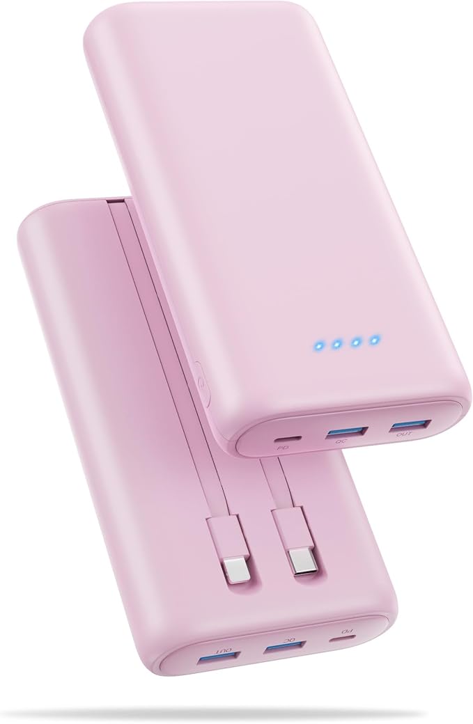 Upgraded Portable Charger 40800mAh Power Bank - Portable Battery with 2 Built in Cables,PD 25W USB C Fast Charging Battery Pack Compatible with iPhone 17 16 15 14 13 Android Phone Tablets etc-Pink