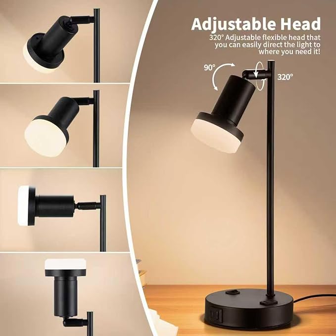 Industrial Table Lamp with Remote Control for Stepless Dimmer & Temperatures, Bedside Lamp with USB C+A Ports and AC Outlet, Flexible Head-Desk Lamp for Bedroom, Living Room, Office (Black)