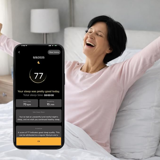 JUST ON Smart Sleep Tracker – Non-Wearable Sleep Monitor for Seniors, Easy Breathing & Sleep Monitoring, Emergency Alerts, Simple App Reports, AI Sound Therapy