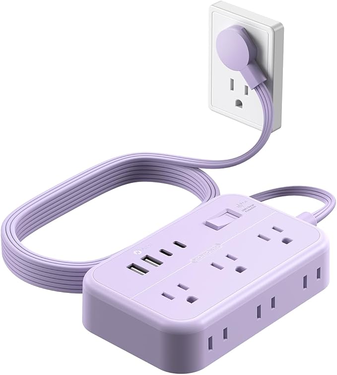 Purple Extension Cord Surge Protector Power Strip with 6 Outlets 4 USB Ports(20W), Flat Extension Cord with Multiple Outlets, 5 ft Flat Plug Outlet Extender for Indoor, Office