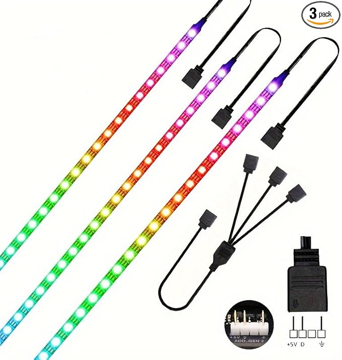 RGB Strip Light for PC Case, 3x19.7in 90LEDs Addressable LED Strip for Motherboard 5V 3-Pin Header Gaming Case DIY Lighting