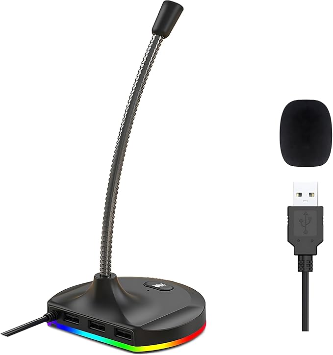 USB Computer Microphone with Mute Button and RGB Lighting,Plug&Play Mic for Conference,Gaming,YouTube,Desktop PC Mic for Mac/Window-Black-M8(3-Port Hub)
