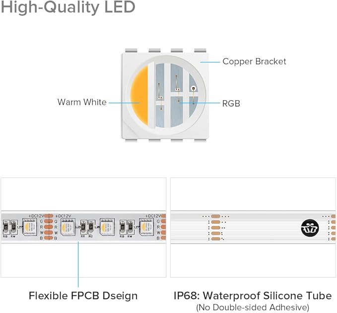 BTF-LIGHTING IP68 Waterproof Outdoor RGBW LED Strip 5050SMD RGB+Warm White(3000K-3500K) 4 Color in 1 DC12V 16.4ft 5m 60LED/m Multi-Colored Light White PCB Can Work Outdoor(No Adapter or Controller)