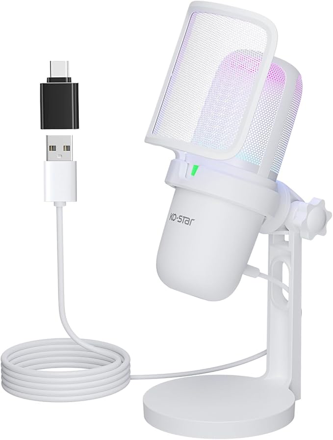 USB Microphone for PC,White Mini Mic for PS4/ PS5/ Mac,Computer Gaming Condenser with Quick Mute,RGB Streaming,Filter,Shock Mount,Recording Microphones for YouTube Titok