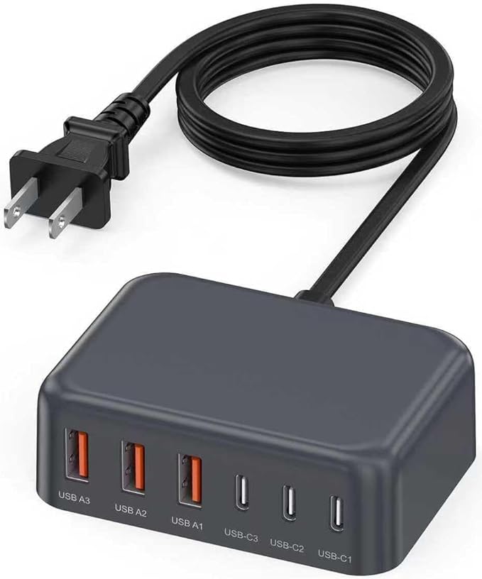 Updated USB C Fast Charger Block, 100W GaN 6 Port PD USB C QC USB A Wall Charger Adapter Plug Cube, Type C Charging Station Hub for iPhone 17 16 15 14 13 Pro Max iPad Samsung Pixel 5ft Extension Cord