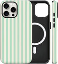 Magnetic for iPhone 15 Pro Max Case Cute Stripes Phone Case, Shockproof Slim TPU and Hard PC Protective Phone Cover Compatible with MagSafe Designed for Women Girls, Light Green
