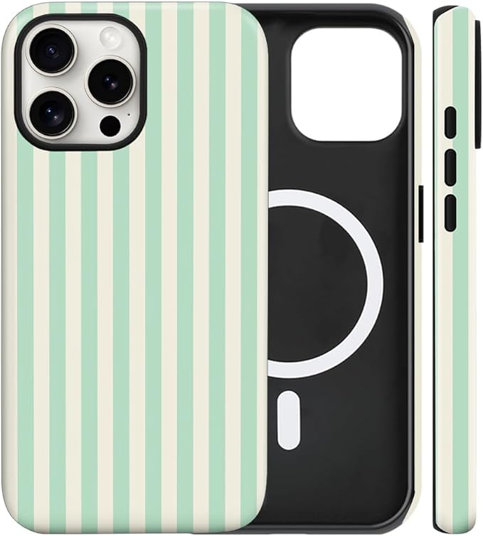 Magnetic for iPhone 15 Pro Max Case Cute Stripes Phone Case, Shockproof Slim TPU and Hard PC Protective Phone Cover Compatible with MagSafe Designed for Women Girls, Light Green