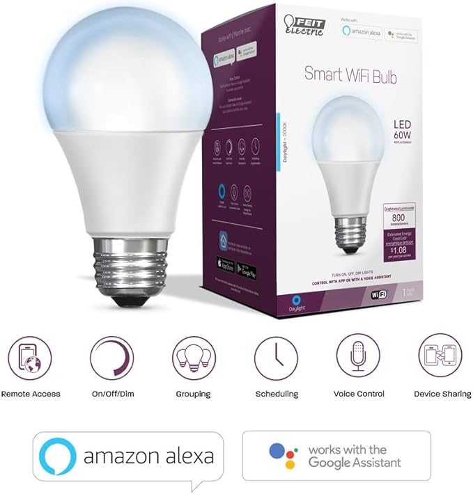 Feit Electric OM60/950CA/AG 60W Equivalent 2.4GHz WiFi Dimmable, No Hub Required, Alexa Google Assistant A19 Smart LED Light Bulb, 4.4" H x 2.3" D, 5000K Daylight (Pack of 2)