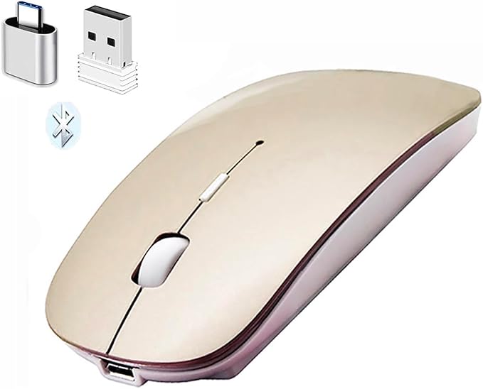 PeiBO Bluetooth 5.2 Wireless Mouse, Gold, Rechargeable, Ergonomic Design, Compatible with Laptops and Tablets