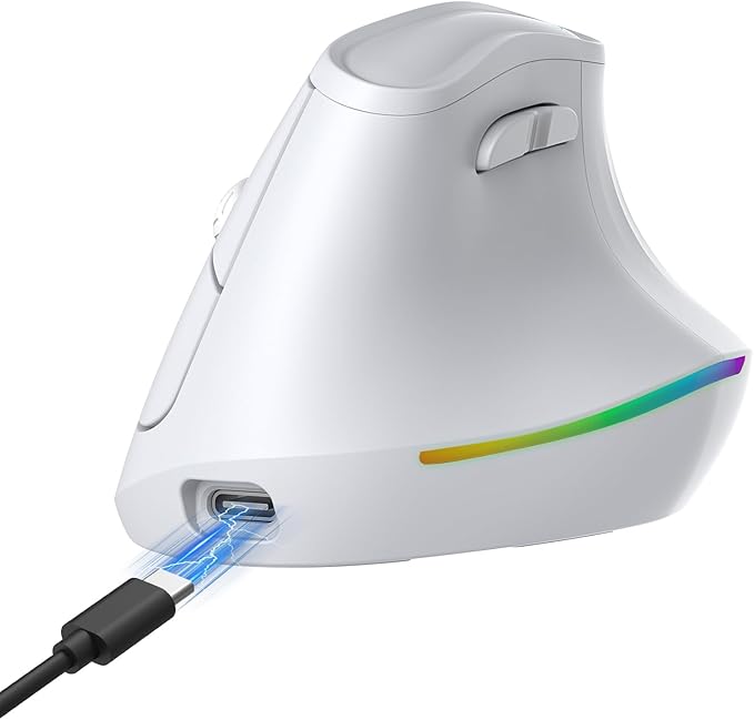 KYSONA 57° Wireless Ergonomic Mouse, Vertical Mouse, Carpal Tunnel Mouse, RGB Light, Rechargeable, Bluetooth & 2.4G, 5-Level DPI Adjustment, Quiet Click Ergo Mice Compatible with PC/Laptop/Mac, White