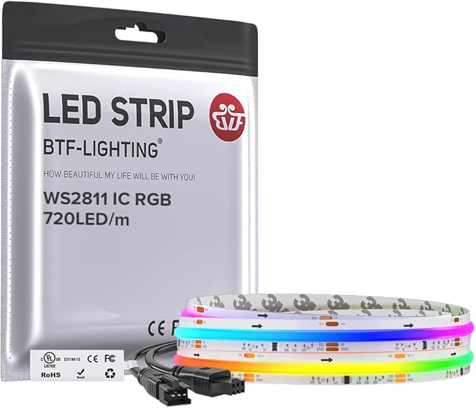 BTF-LIGHTING WS2811 Smart IC RGB FCOB COB LED Strip, UL Listed 720LEDs/m High Density Color Chasing Uniform Light, DC12V 3.28FT 12mm Width Tape Light for Home Party DIY Decor(No Adapter or Controller)