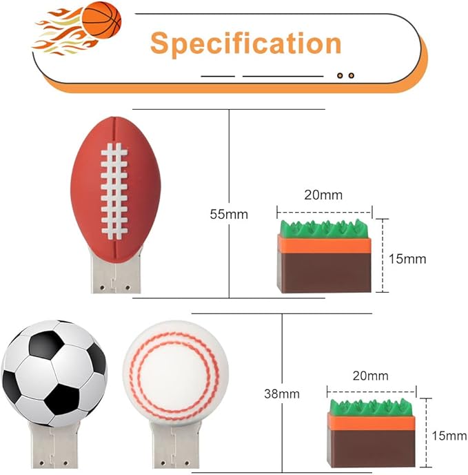 5 x 8GB Cute Balls USB Flash Drive, Tennis/Baseball/Soccer/Basketball/Rugby Shape Thumb Drive Memory Stick Drive Pendrive Gift for Kids, Teacher, Friends