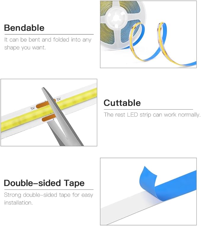 ZSLAIFU 5V USB LED Light Strip, COB LED Strip Lights, Ice Blue 5V LED Lights, Small LED Strip Light, TV Lights for TV Under Cabinet Kitchen Living Room Shelving or Displays (Ice Blue, 3.28ft)
