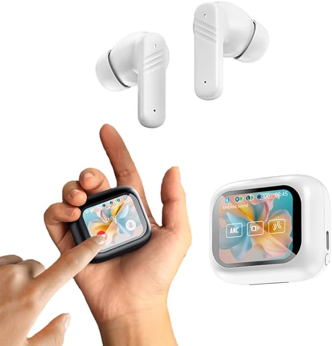 Touch screen earbuds Wireless Earbuds - Active Noise Cancelling Earbuds ANC with Smart Touch Screen - Ear Earbuds with Wireless Charging Case LED Display Deep Bass Earphones Headset with Built (White)