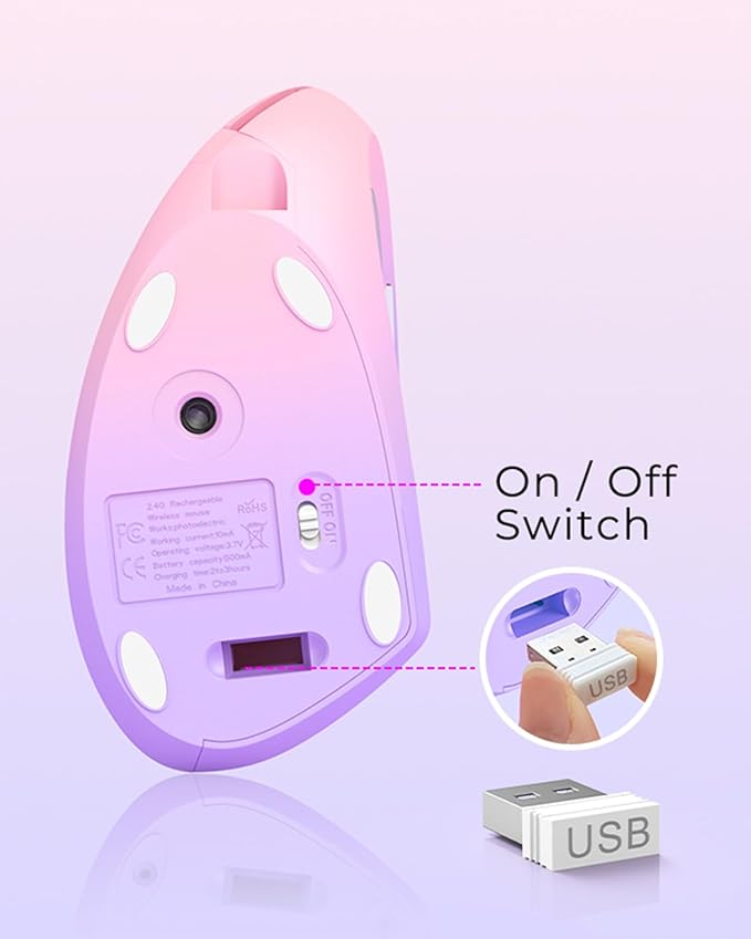 Lekvey Ergonomic Mouse, Vertical Wireless Mouse Rechargeable 2.4 GHz Optical Carpal Tunnel Mouse : 800/1200/1600 DPI, 6 Buttons, for Laptop, PC, Mac, Computer, Desktop, Notebook etc, Pink to Purple