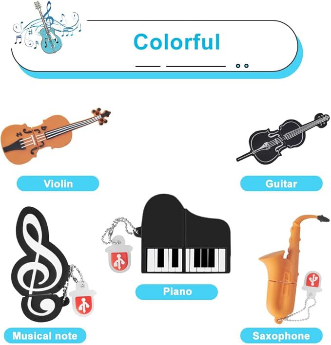 5 x 8GB Cute Music USB Flash Drive, Notes/Piano/Saxophone/Violin/Cello Shape Musical Instruments Thumb Drive Memory Stick Drive Pendrive Gift for Kids, Teacher, Friends