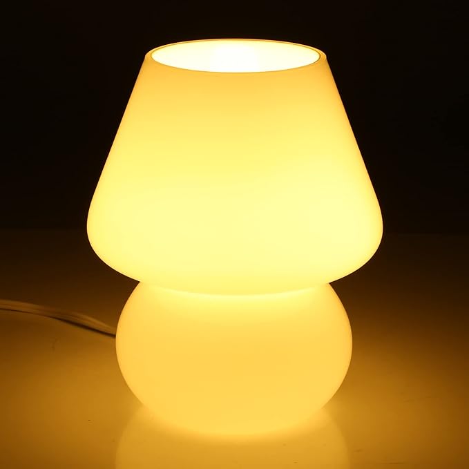 BSOD Mushroom Lamp,Vintage Glass Mushroom Bedside Table Lamps Yellow Murano Style Small Nightstand Desklamp Swirl Light for Home Decor, Dining, Living, Bedroom, Gift (Bright Yellow)