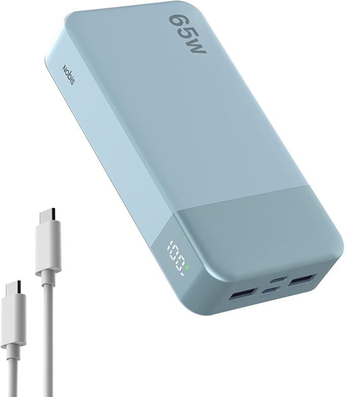 NOBIS Portable Charger, 20000mAh 65W Power Bank with 4 Output Ports, PD QC Fast Charging Travel Essential External Battery Pack for Laptop, MacBook, Phone, Pad (Blue)
