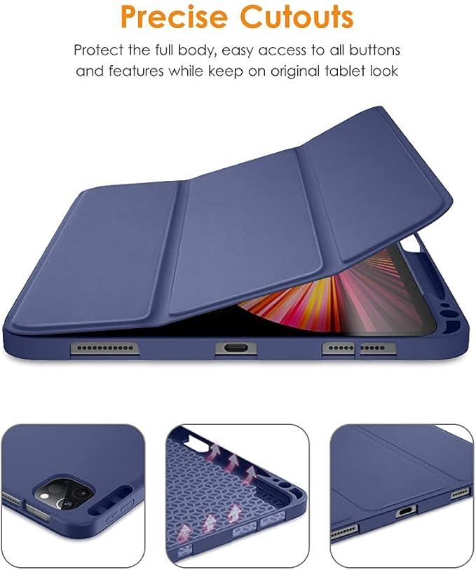 DTTO for iPad Pro 11 inch 4th/3rd/2nd/1st Generation 2022/2021/2020/2018 Case, Smart Slim Trifold Stand Soft TPU Back Cover with Built-in Pencil Holder, Also Fit iPad Air 5/4,Navy Blue