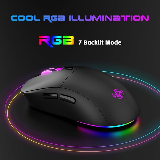 Wireless Gaming Mouse, Optical Tri-Mode RGB Mouse with 2.4G USB Receiver, 6-Level 4800 DPI, Ergonomic Gamer Mouse, 6 Macro Buttons, Rechargeable Bluetooth Mouse for Laptop, PC, Mac