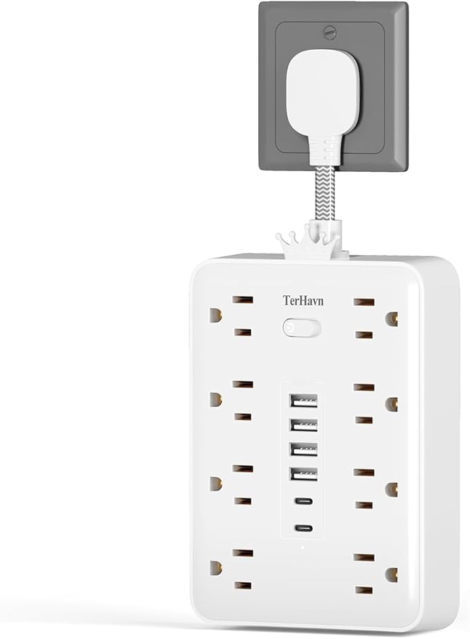 Short Extension Cord - Space Saving Design, 14-in-1 Small Power Strip with 8 Outlets & 6 USB (2 USB-C), 900J Surge Protector for Bathroom, Nightstand, Kitchen & Home Office, White