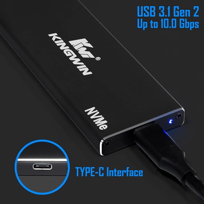Kingwin M.2 SSD NVMe External Enclosure, 10Gbps USB 3.1 Gen 2 M-Key to USB C Solid State Drive Adapter, PCIe USB 3.0 USB C Cables, Fit Size 2230/2242/2260/2280, Aluminum, KM-U3NGFF-NVE