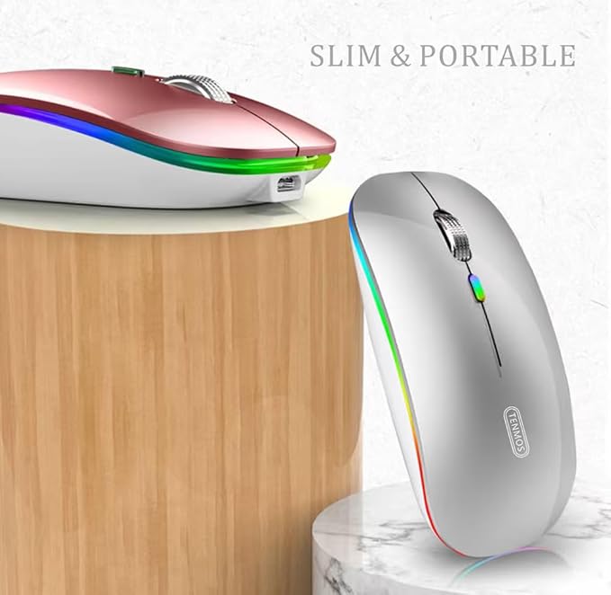 TENMOS Wireless Bluetooth Mouse, LED Slim (Bluetooth 5.1 + USB) 2.4GHz Rechargeable Silent Bluetooth Wireless Mouse with Type C Adapter for Laptop/MacBook/iPad OS 13 and Above (Silver)