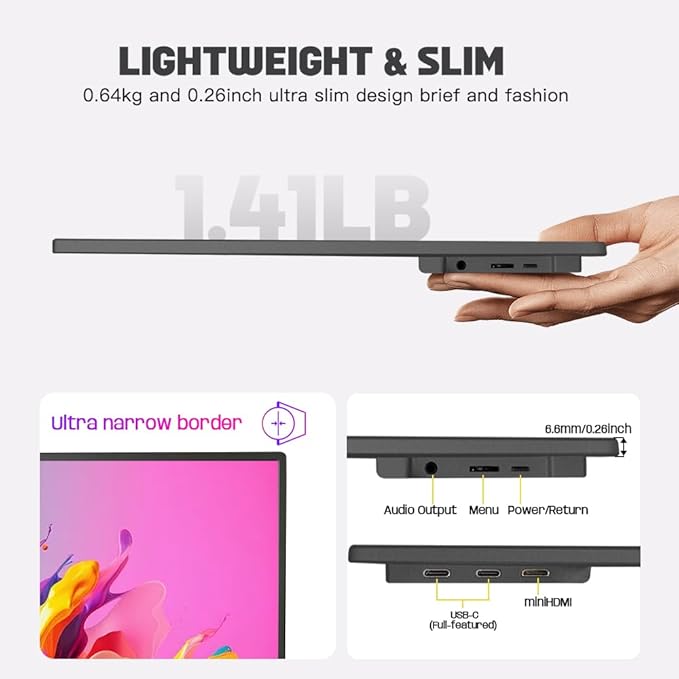 14 inch Ultra-Slim Portable Monitor 1920x1080 IPS HDR Wide Screen USB-C HDMI VESA External Display Plug&Play for Laptop PC Phone