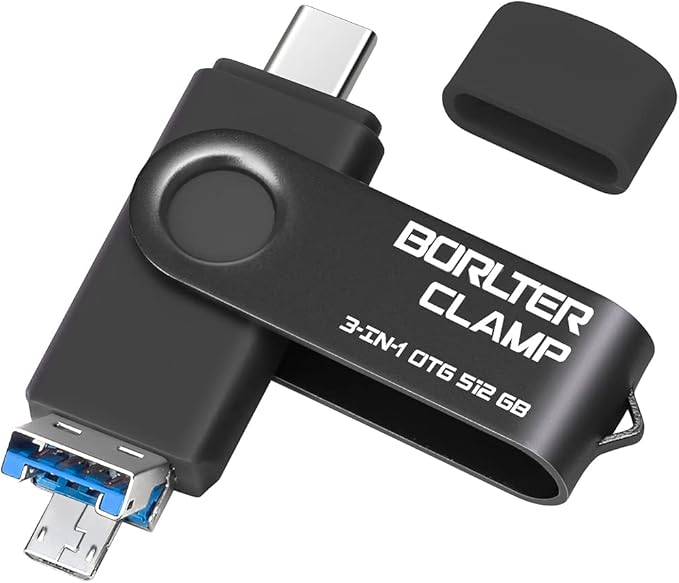 512GB 3 in 1 USB 3.0 Flash Drive Photo Stick for Android Phones, BorlterClamp OTG Memory Stick with 3 USB Ports (USB C, microUSB, USB A) for Samsung Galaxy, LG, Tablets, PC and More, Black