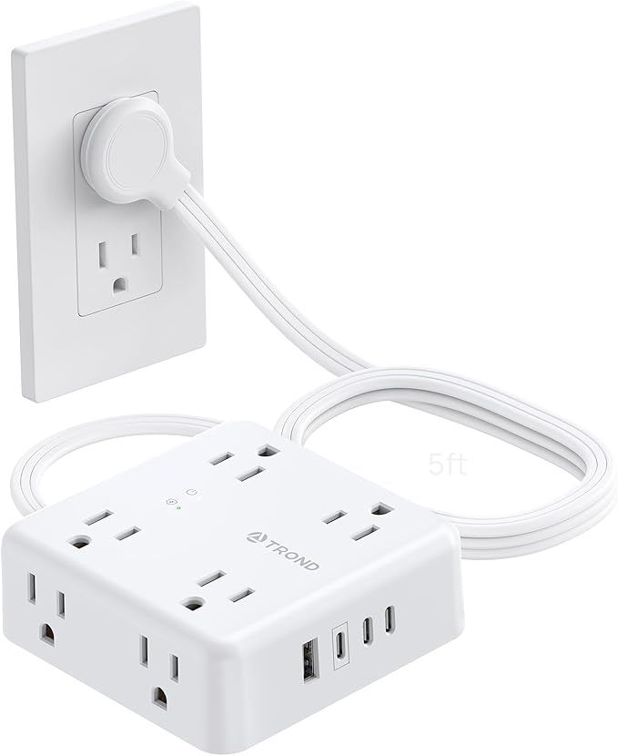 TROND Surge Protector Power Strip, 5FT Flat Plug Extension Cord with 8 Outlets & 4 USB Ports (3 USB C), 1625W, Wall Mount Outlet Extender for Home Office Dorm Room Essentials, White