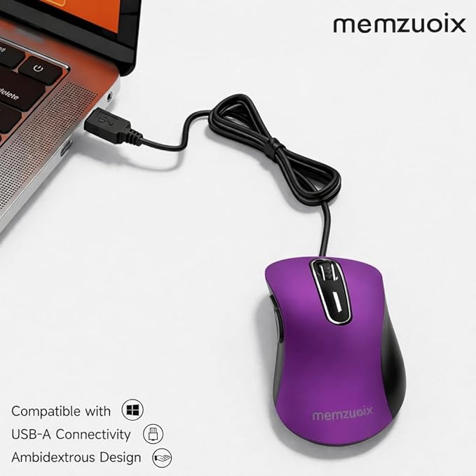 memzuoix Wired Mouse, USB Computer Mouse 1400 DPI Mobile Optical Mouse Ergonomic Design Computer Mice with 5FT Cord for Laptop, PC, Desktop, MacBook, 5 Buttons (Purple)