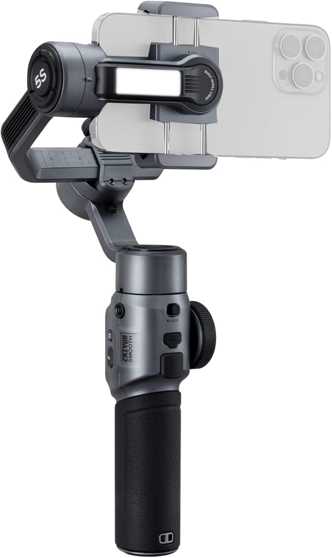Zhiyun Smooth 5S Smartphone Gimbal Stabilizer 3-Axis with Built-in Fill Light for iPhone Android with Face Object Tracking for Vlog Video Live Stream INS YouTube (Smooth 5 Upgrade Version)-Gray