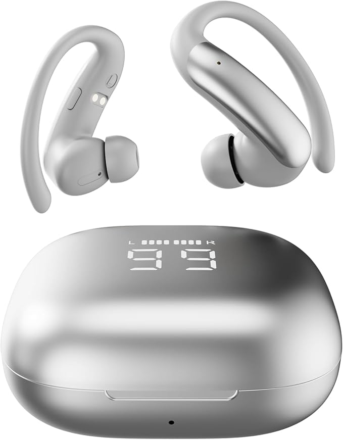 Wireless Ear Buds with Ear Hooks Bluetooth 6.0 Headphones,48H Playtime,Over Ear Buds with LED Power Display,IPX6 Waterproof for Sport Workout Running (Silvery)