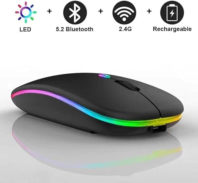 Guiheng Wireless Bluetooth Mouse,LED Dual Mode Rechargeable Silent Slim Laptop Mouse,Portable(BT5.2+USB Receiver) Dual Mode Computer Mice,for Laptop,Desktop Computer,ipad Tablet,Phone,TV (Black)