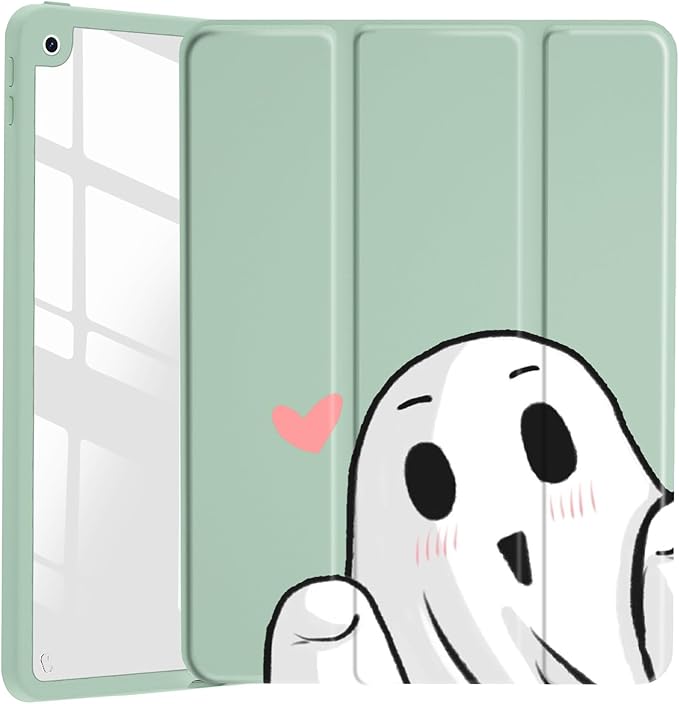 JOYLAND Cute Funny Ghost Pattern Case for iPad Pro 13-inch (M4) 2024, Clear Acrylic Hard Back Green Case with Pencil Holder Trifold Stand Tablet Cover (Model Number:A2925/A2926/A3007)