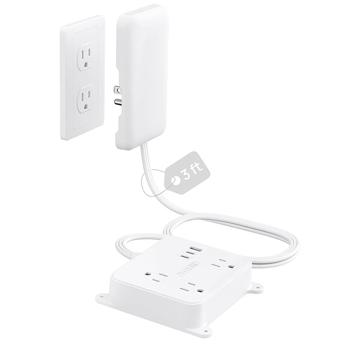 TROND Flat Power Strip with Outlet Concealer, 3 FT Short Extension Cord with 3 Widely Spaced AC Outlets, 3 USB Charger(2 USB C Ports), Wall Mount Outlet Cover for Nightstand Couches Home Essentials